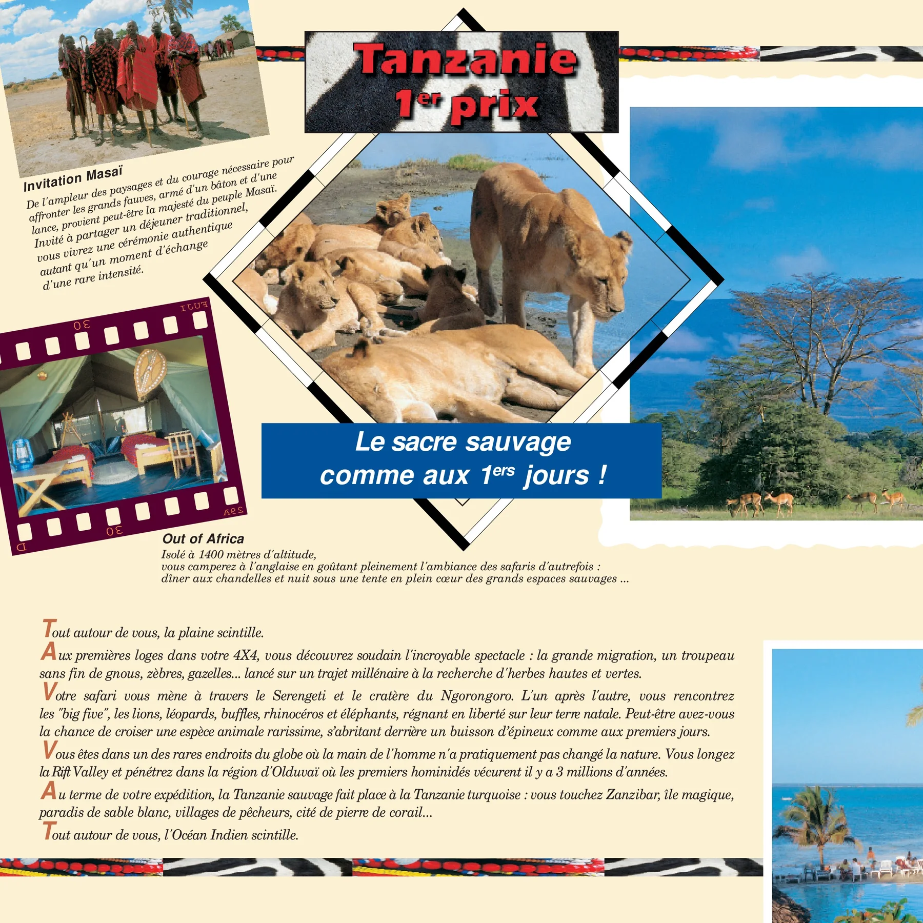 Double page Tanzanie des Carnets d'Afrique 98, marquée « 1er prix » : lions, photographies et dessins.