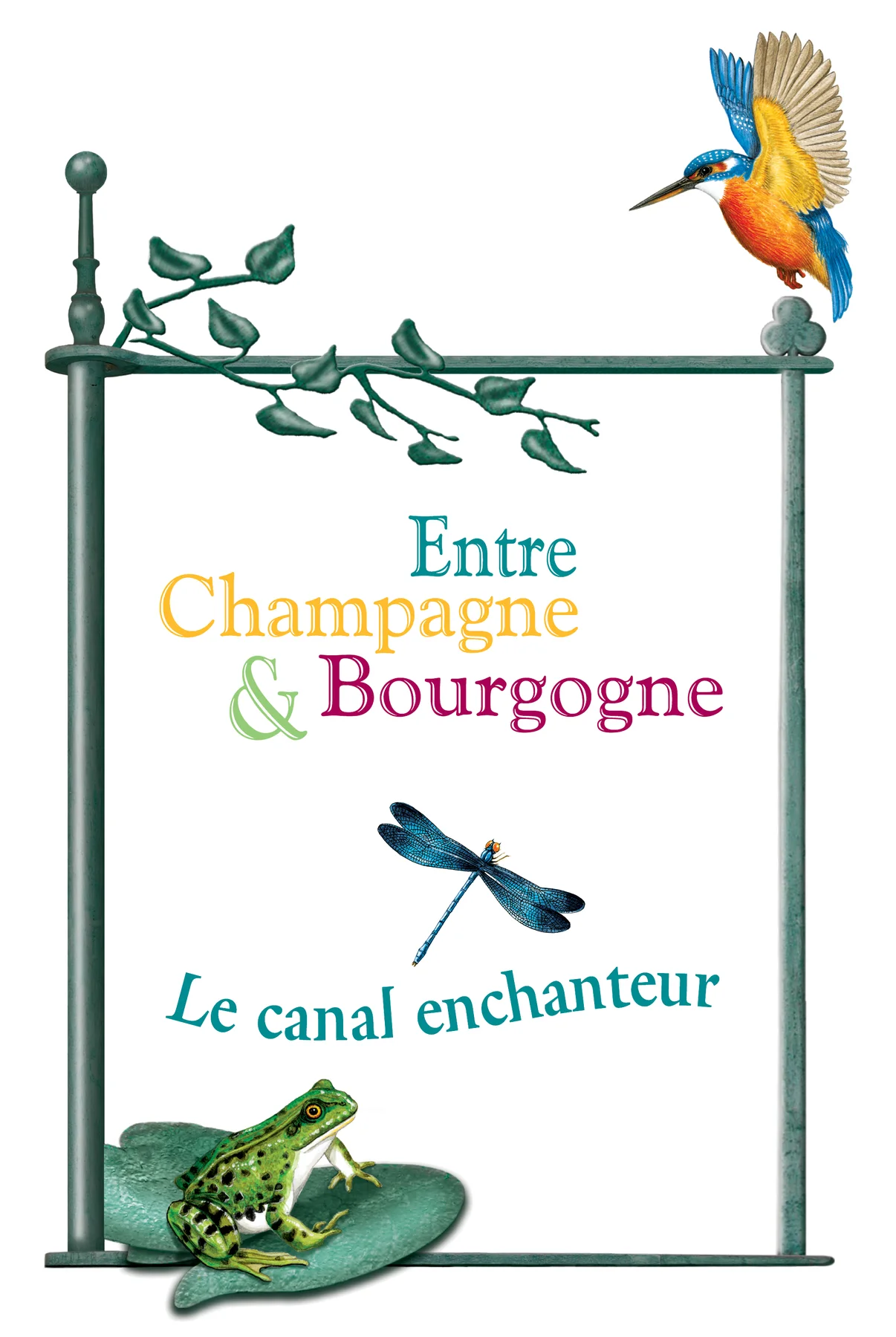 Le logo « Entre Champagne & Bourgogne, le canal enchanteur », panneau et martin-pêcheur.