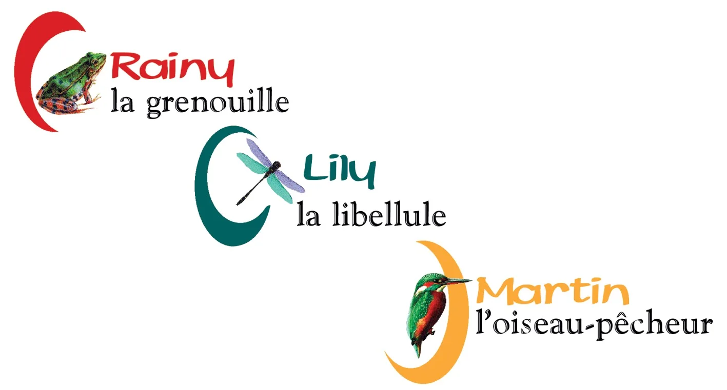 Les mascottes : Rainy la grenouille, Lily la libellule et Martin l'oiseau-pêcheur.