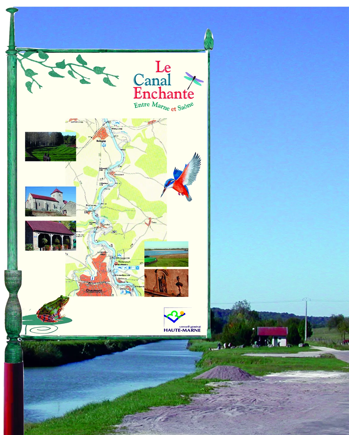 Panneau d'information « Le Canal Enchanté » implanté en berge, photomontage.