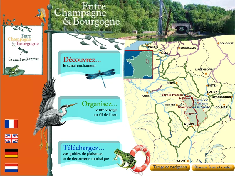 La page d'accueil du site internet, avec sa carte et son héron.