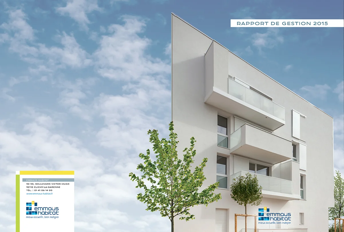 Couverture du rapport de gestion 2015, un immeuble blanc sur le ciel.