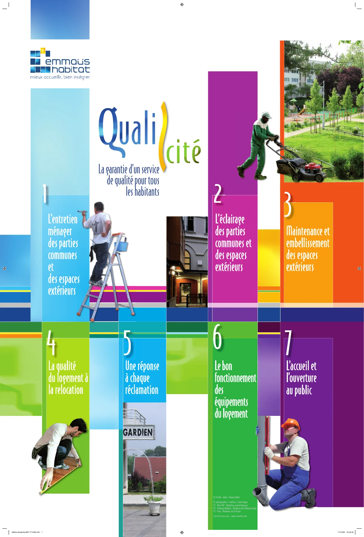 Qualicité, l'affiche des sept engagements, en bandes de couleur.