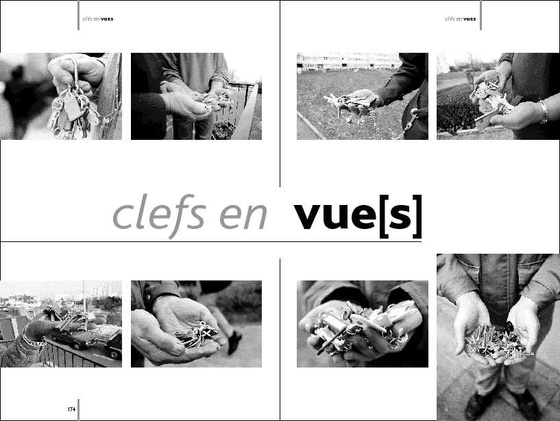 Double page « Clefs en vue[s] » : mains et clefs en noir et blanc.