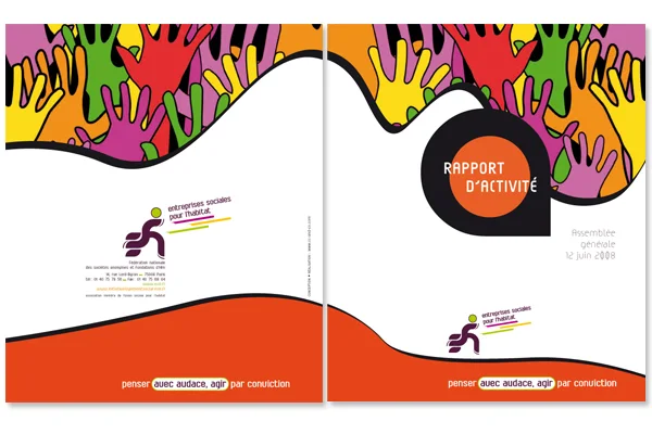 Assemblée générale 2008, couverture du rapport d'activité aux mains multicolores.
