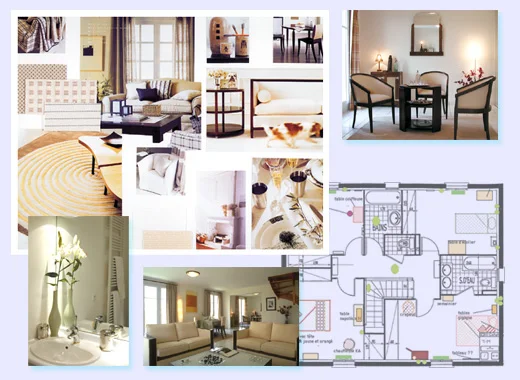 La Fougeraie : la planche de tendances et le plan, en regard de la maison décorée.