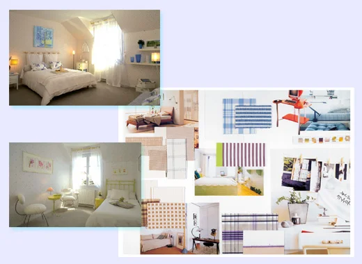 La Noiseraie : la planche de tendances, tissus à carreaux et chambres claires, en regard de la maison décorée.