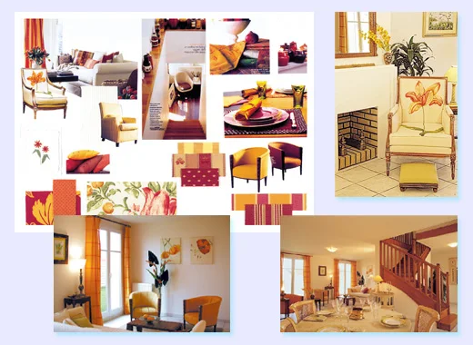 L'Aunaie : la planche de tendances, orange, ocre et bois, en regard de la maison décorée.