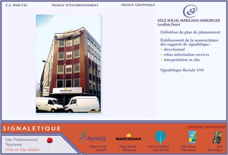 Page de book : la signalétique du siège de Marignan Immobilier à Levallois-Perret.