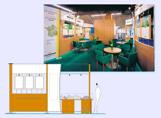 Planche du stand modulable : photographie et élévation.