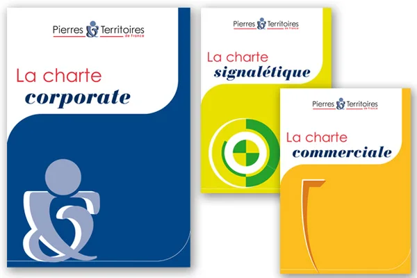 Les trois couvertures : charte corporate, charte signalétique et charte commerciale.