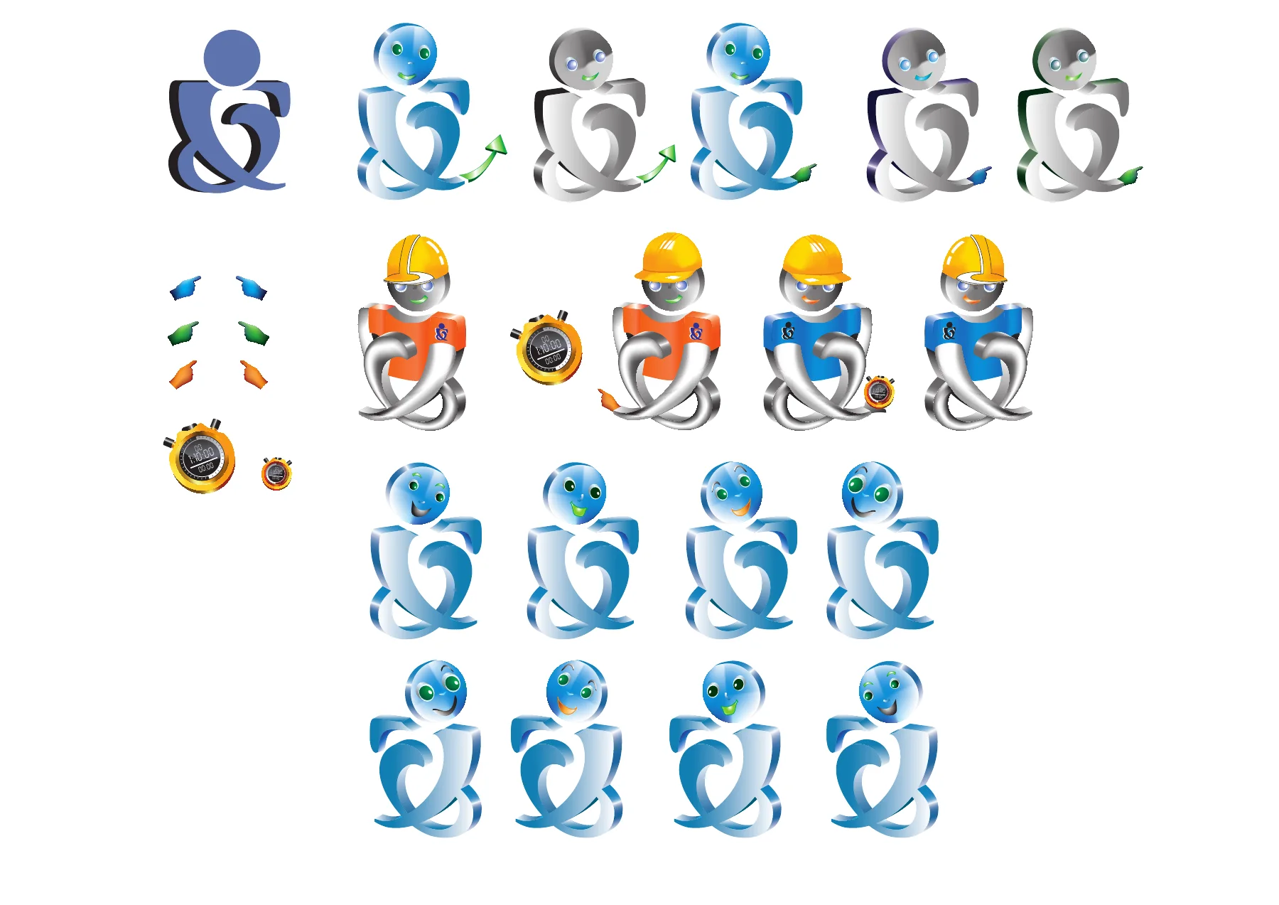 Planche de recherche : l'esperluette devenue personnage, casque de chantier, globe.