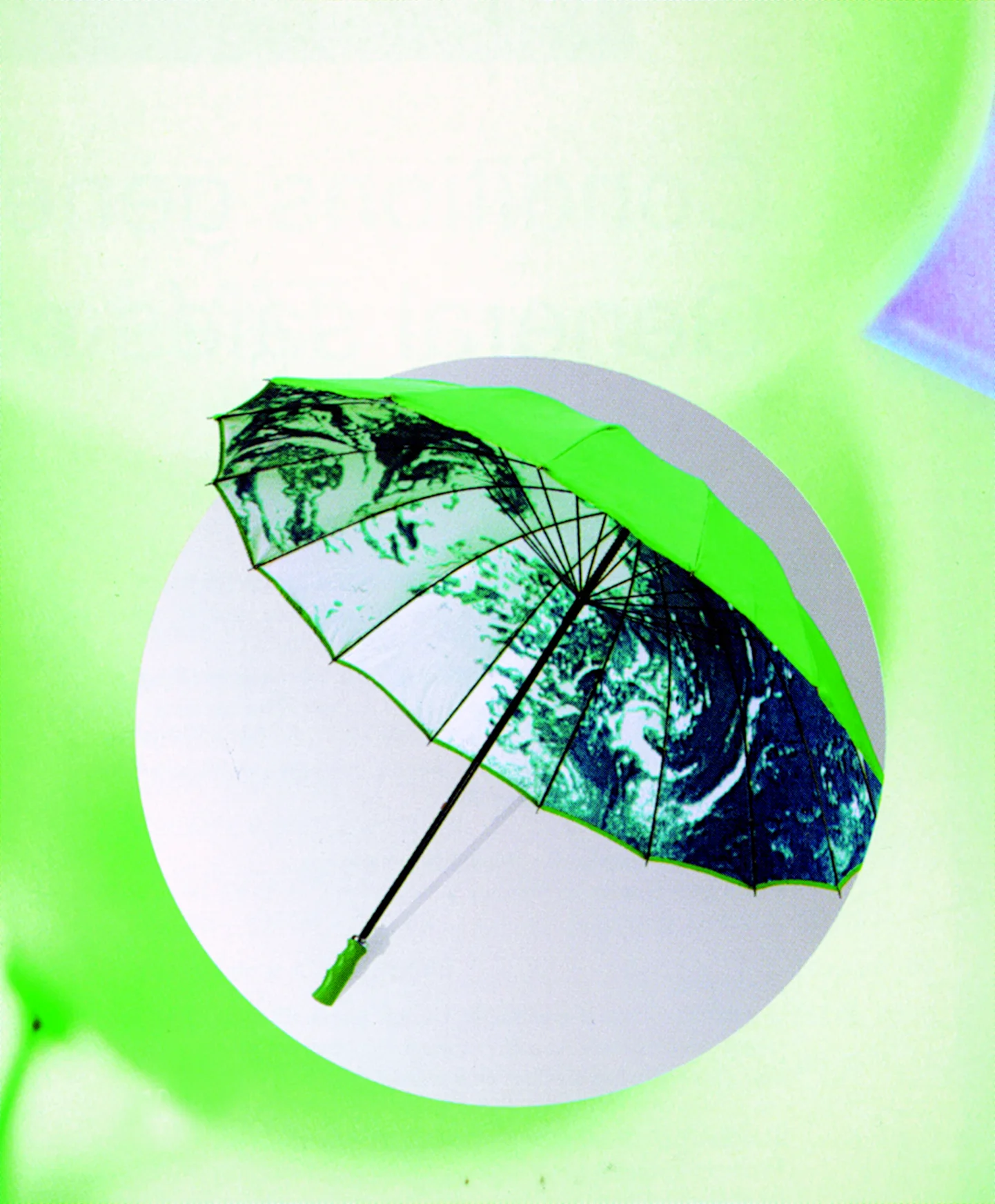 Parapluie de golf ouvert, toile imprimée de la Terre vue par satellite, marqué Rhodia.