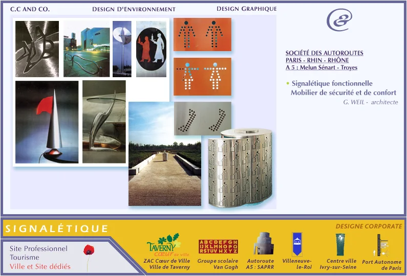 Planche de présentation de CC and Co pour la SAPRR, A5 Melun-Sénart - Troyes : signalétique fonctionnelle, mobilier de sécurité et de confort.