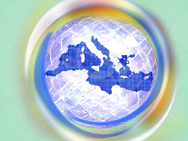 Écran d'introduction : la Méditerranée en mosaïque bleue dans un globe de lumière.