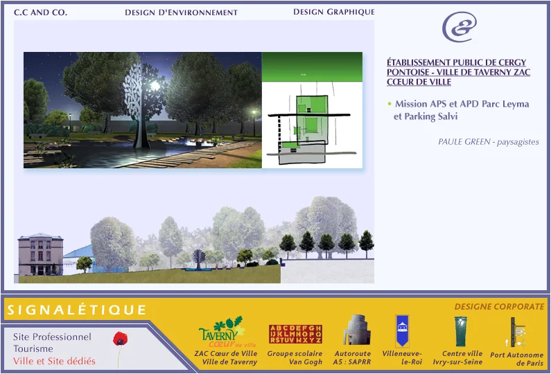 Planche de présentation de CC and Co pour l'EPA de Cergy-Pontoise et la Ville de Taverny : parc Leyma et parking Salvi, avec Paule Green paysagistes.