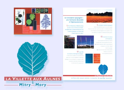 Planche de présentation : la feuille, le logotype et une double page sur la conception paysagère.