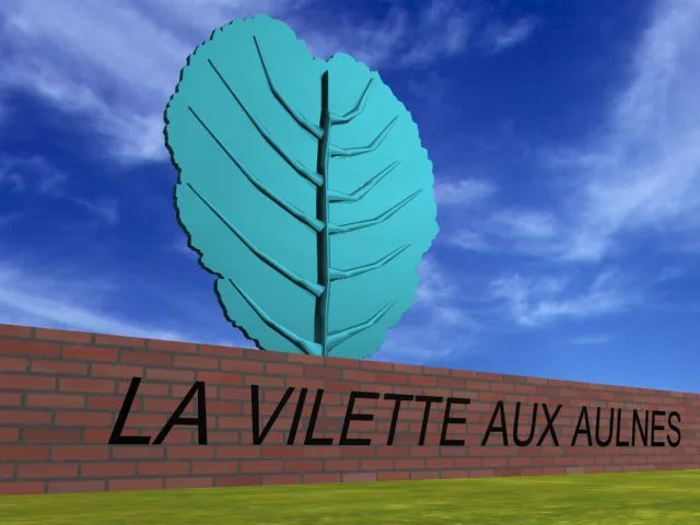 Perspective de l'entrée du parc : la feuille turquoise au-dessus du muret nominatif.