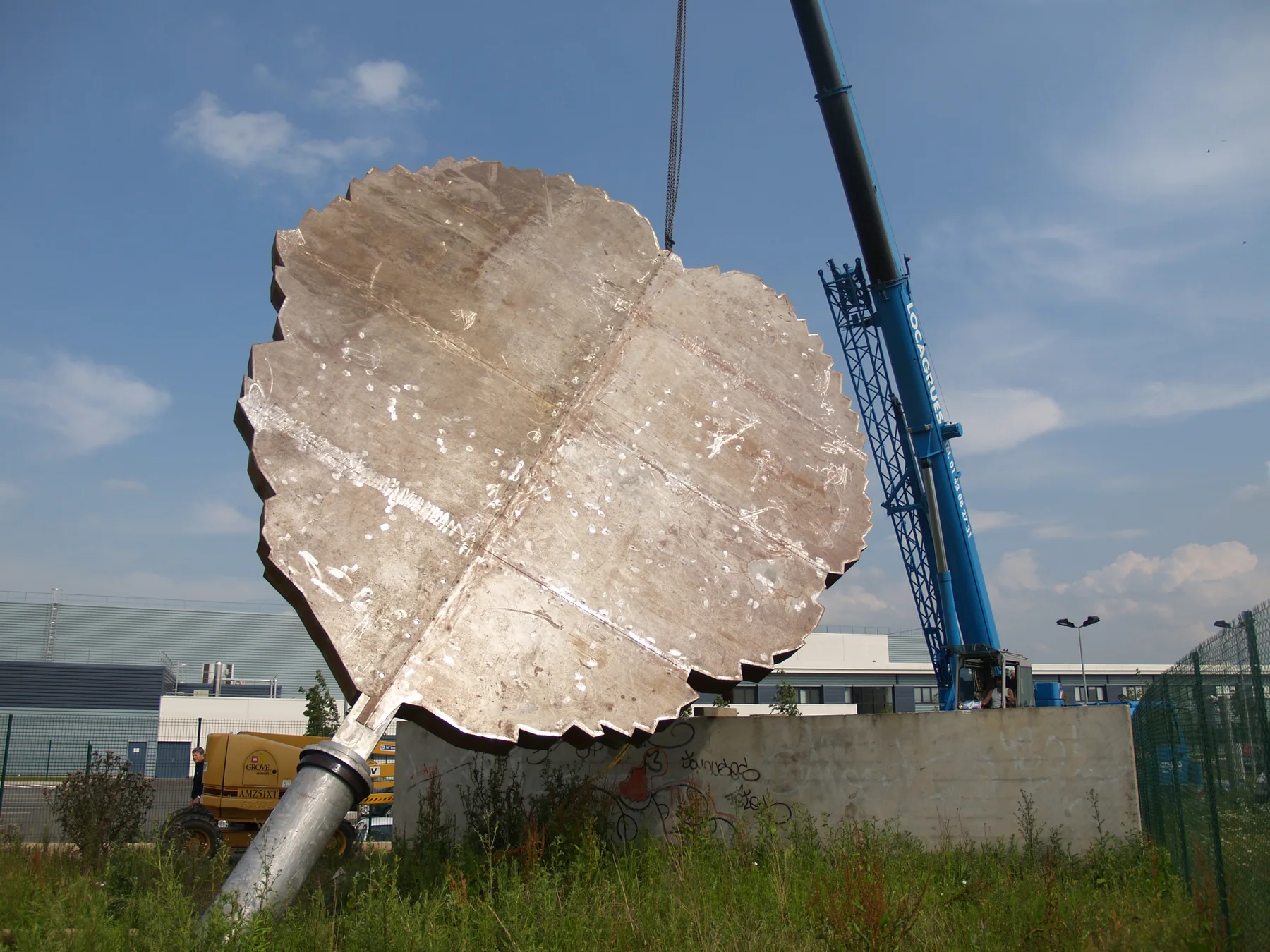 La feuille nervurée soulevée par la grue.