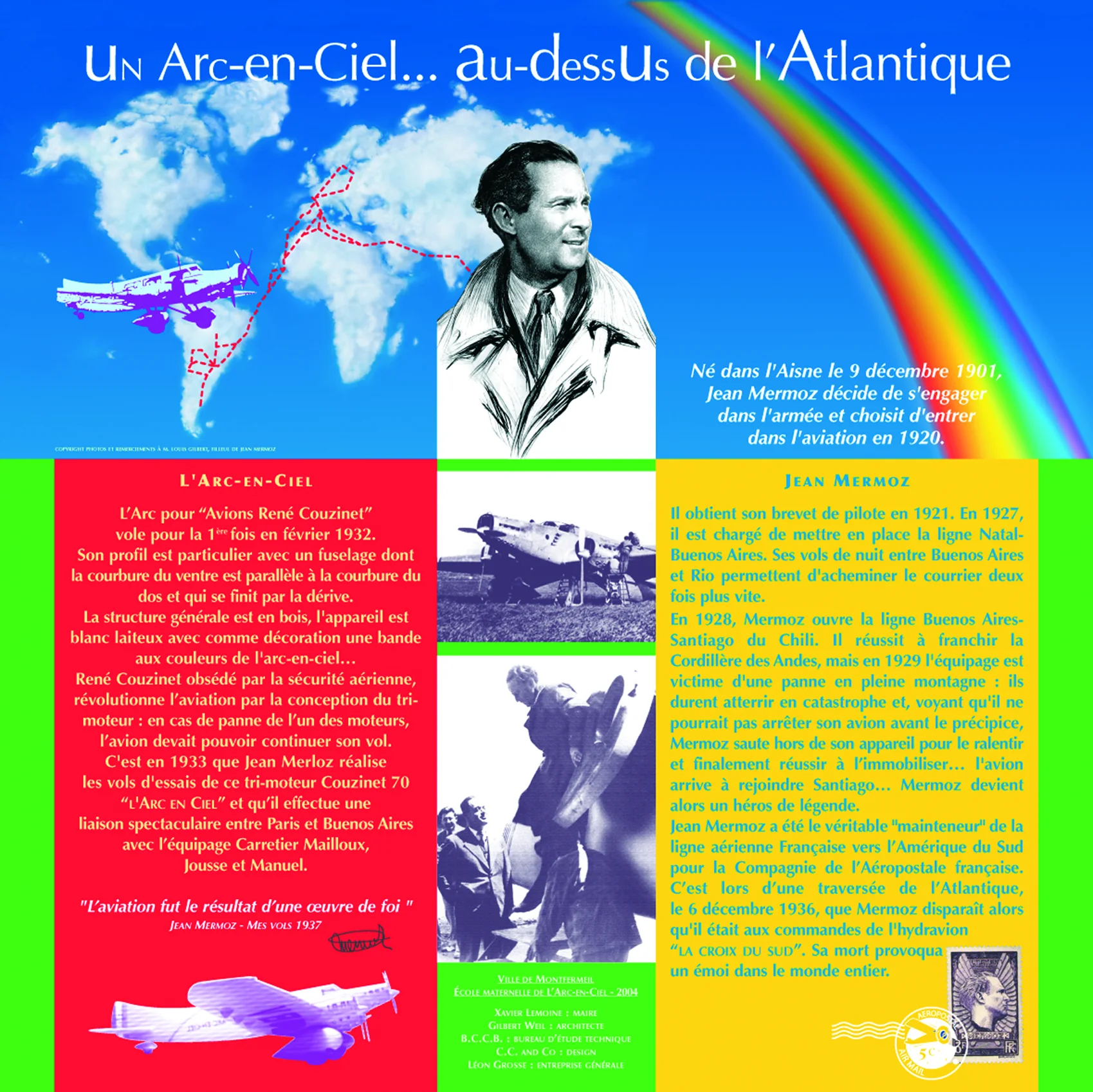 Le panneau « Un Arc-en-Ciel… au-dessus de l'Atlantique », sur René Couzinet et Jean Mermoz, visuel final.