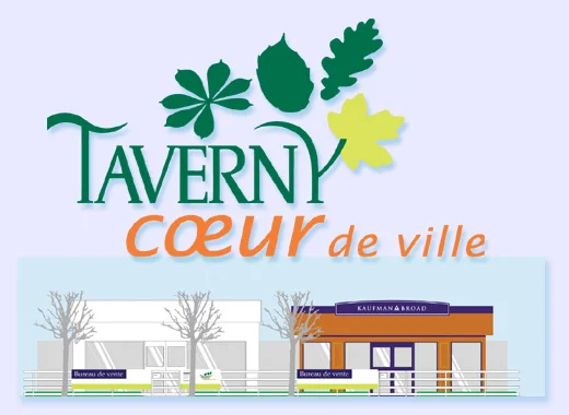 Le logotype et l'élévation des bureaux de vente, avec leurs enseignes sur barrières de bois.