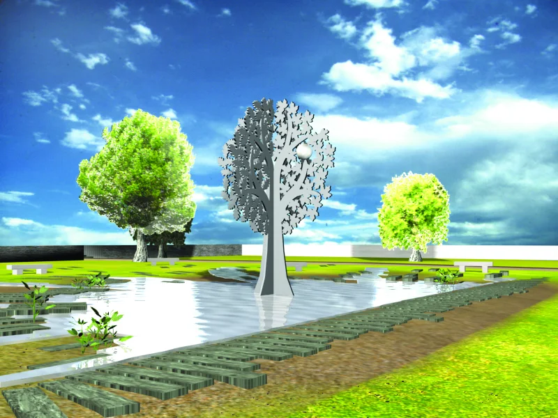 Perspective de jour du projet d'arbre de la tolérance et de la fraternité, sculpture métallique au bord d'un bassin.