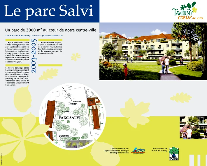 Panneau de chantier « Le parc Salvi, un parc de 3000 m² au cœur de notre centre-ville ».
