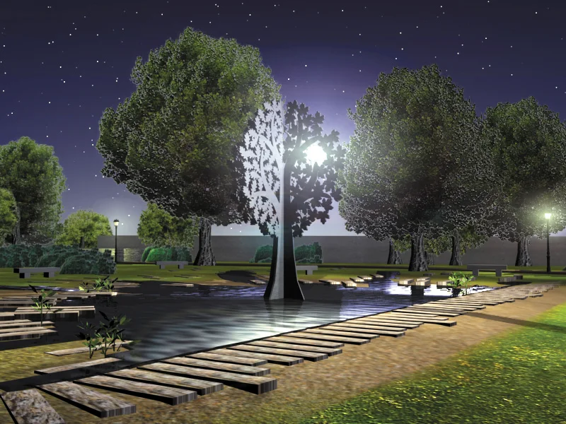 Perspective de nuit de l'arbre de la tolérance et de la fraternité, éclairé au bord du bassin.