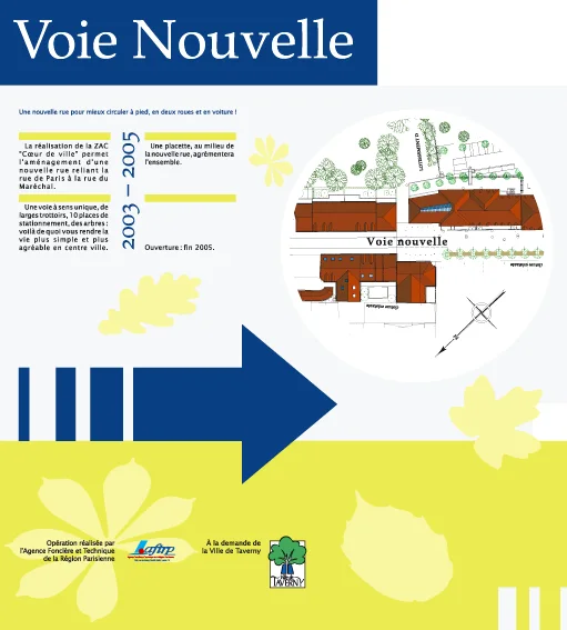 Panneau de chantier « Voie Nouvelle », avec sa grande flèche bleue.