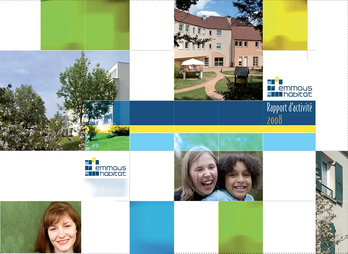 Couverture du rapport d'activité 2008 : photographies de résidences et d'habitants autour d'aplats de couleur.
