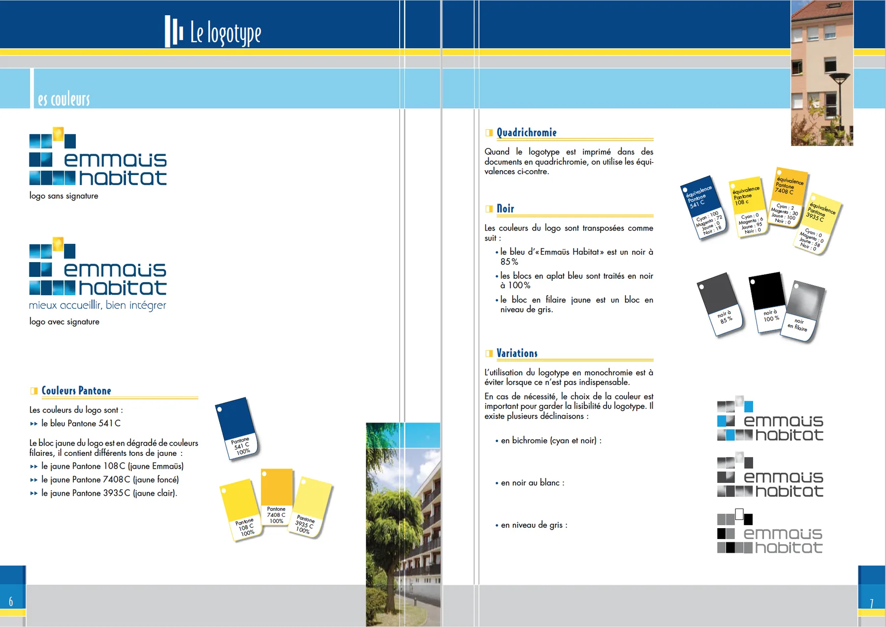 La charte graphique, pages du logotype : sans et avec signature, Pantone 541 C et les trois jaunes, équivalences et variations.