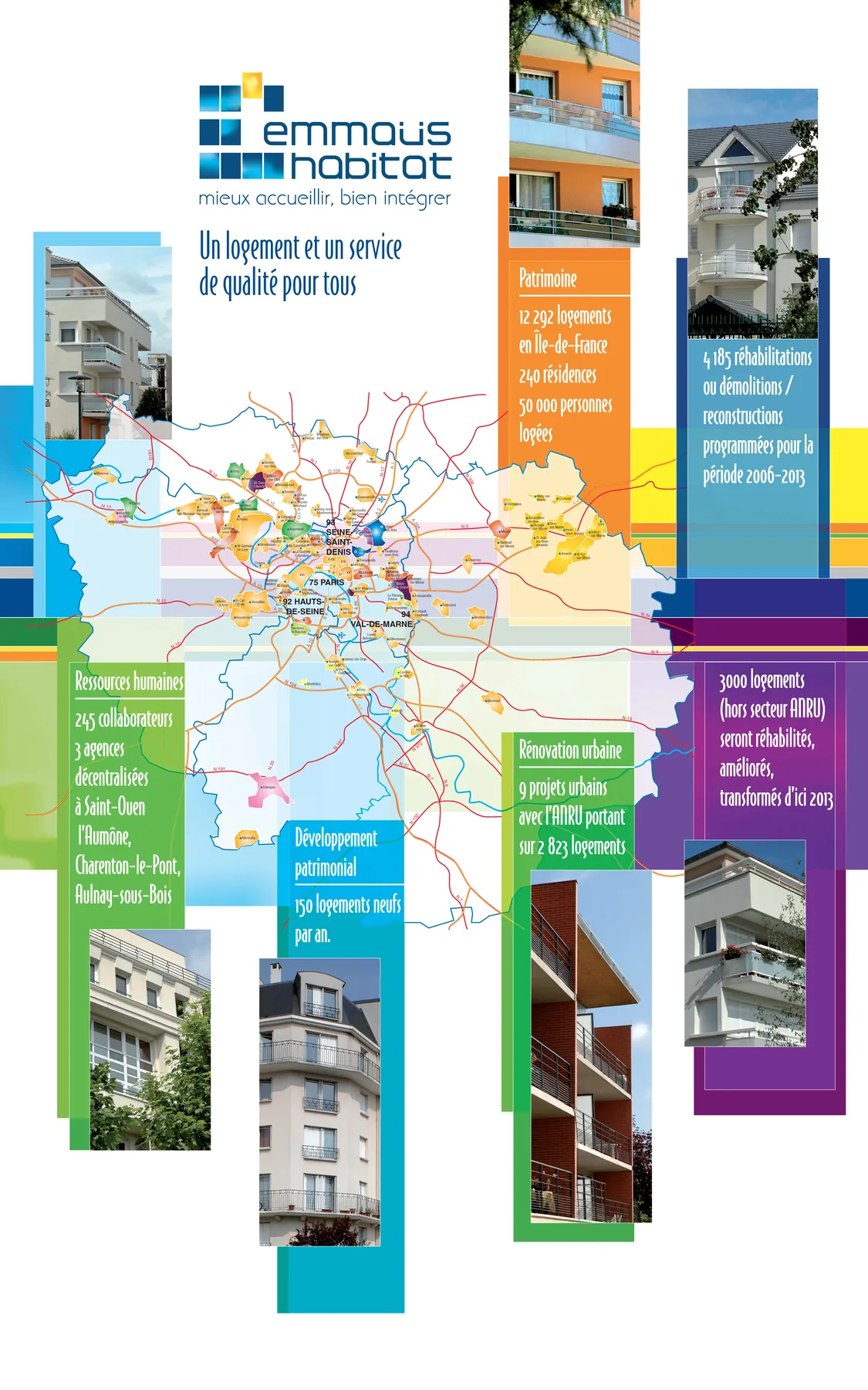 Le kakémono Emmaüs Habitat du stand de décembre 2009 : « Un logement et un service de qualité pour tous », la carte du patrimoine et ses chiffres.