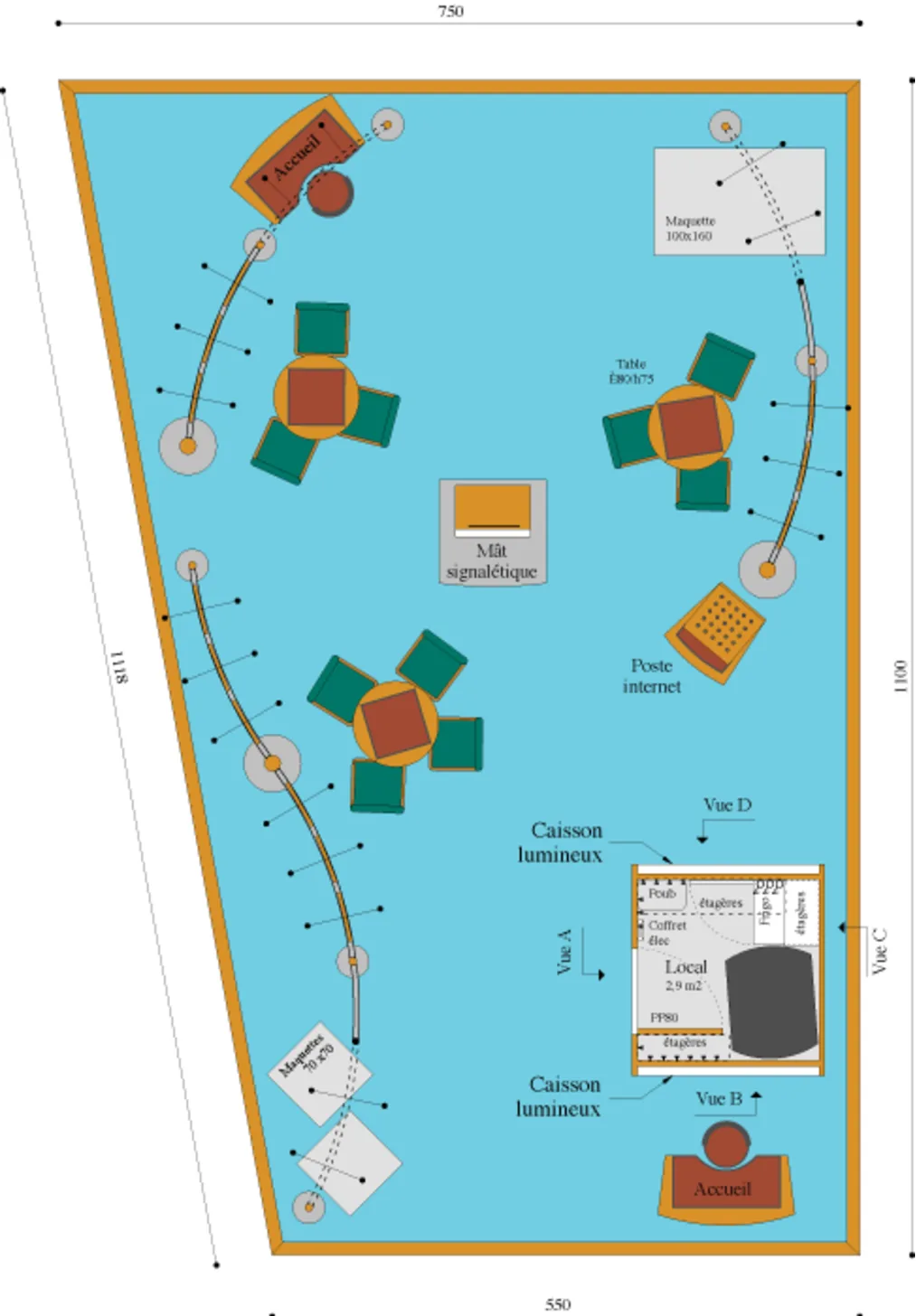 Plan du stand de la Porte Maillot : parois courbes, tables rondes, mât signalétique, maquettes, poste internet et local sous caissons lumineux.
