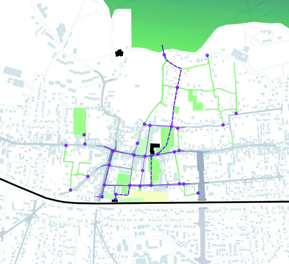 Plan général du centre-ville et de ses liaisons, étude du maillage vert.