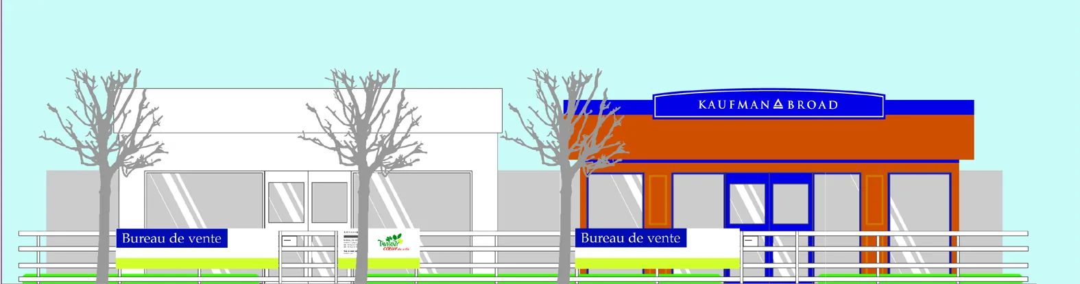 Élévation des bureaux de vente des promoteurs, les enseignes posées sur des barrières de bois.