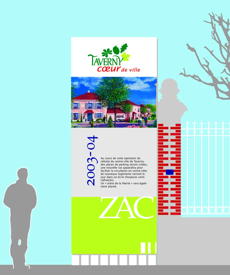 Le totem d'angle de la ZAC Cœur de Ville, logotype, perspective des logements et texte de l'opération, à l'entrée du parc.