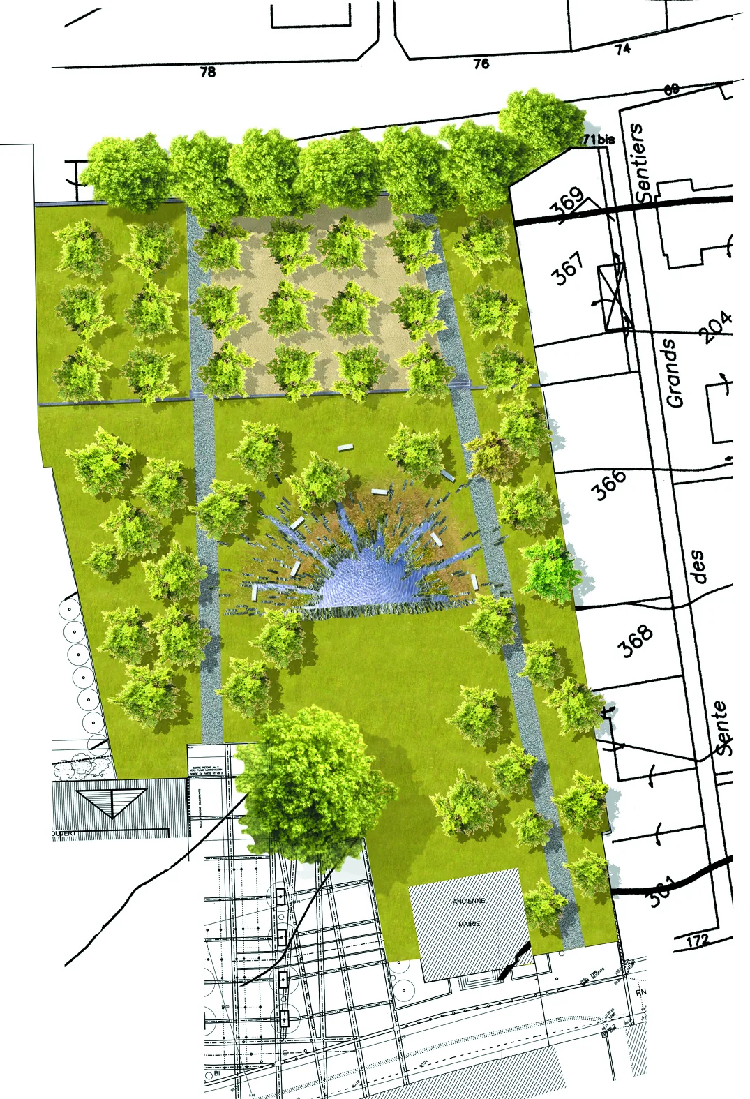 Plan du parc Leyma, ses allées plantées et l'arbre au centre.