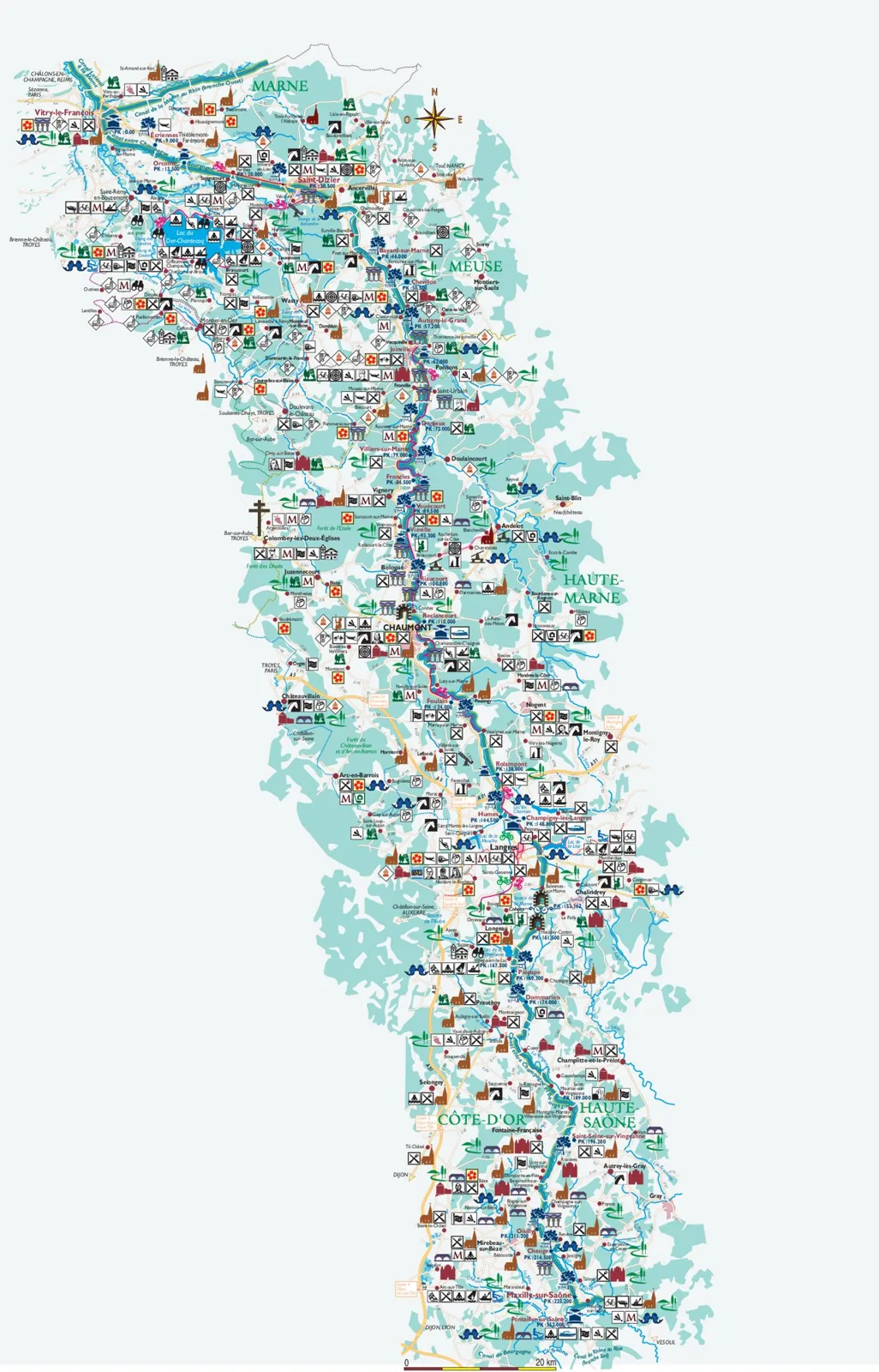 Carte de vérification de la bande des 5 kilomètres de part et d'autre du canal, avec les points d'intérêt pictogrammés, juin 2004.