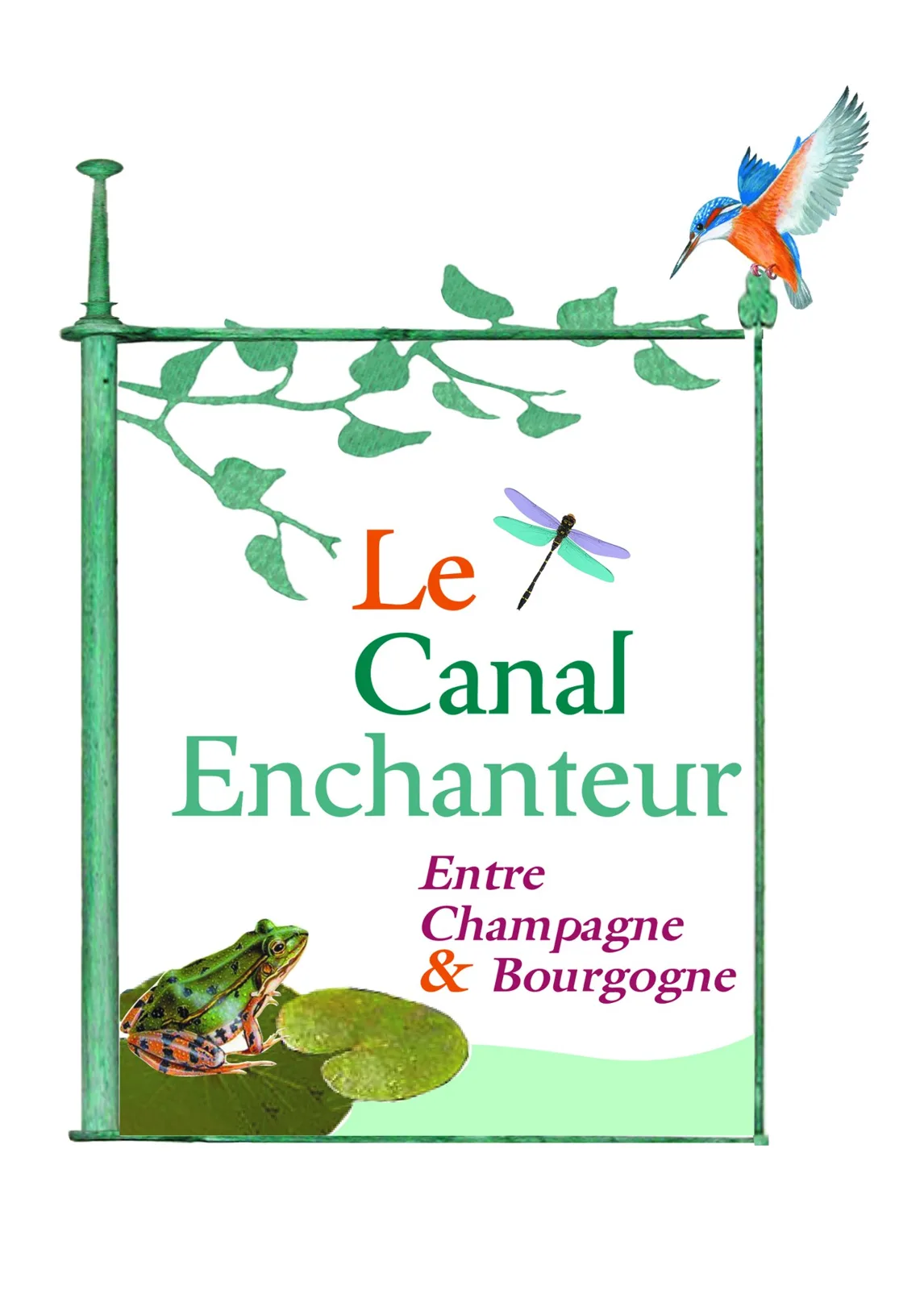 Recherche de logotype « Le Canal Enchanteur, Entre Champagne & Bourgogne », avec la fonte d'art, le martin-pêcheur, la libellule et la grenouille.