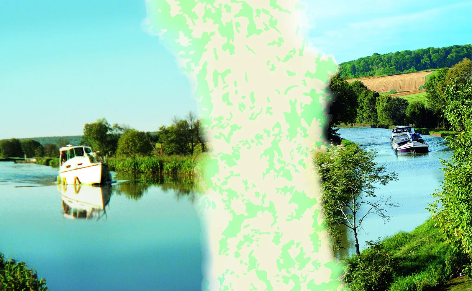 Montage visuel associant deux vues du canal, un bateau de plaisance et une péniche, au motif cartographique de la charte.