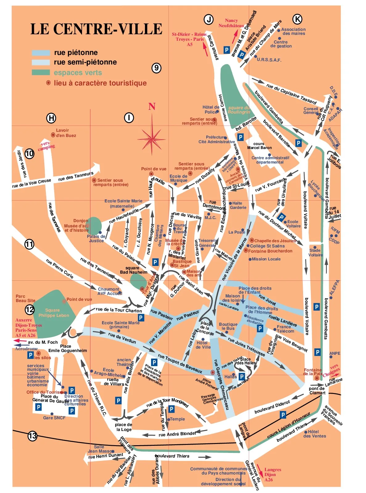Plan du centre-ville de Chaumont dessiné pour les faces plan des villes.