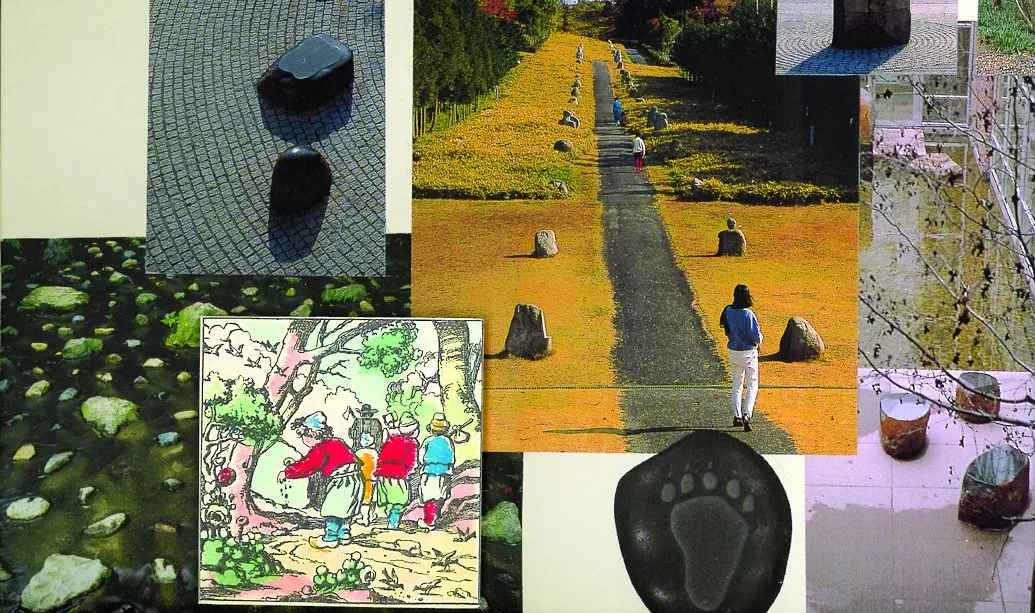 Planche de concept du 1% artistique : chemin, pierres, empreinte de patte et dessin d'enfants.