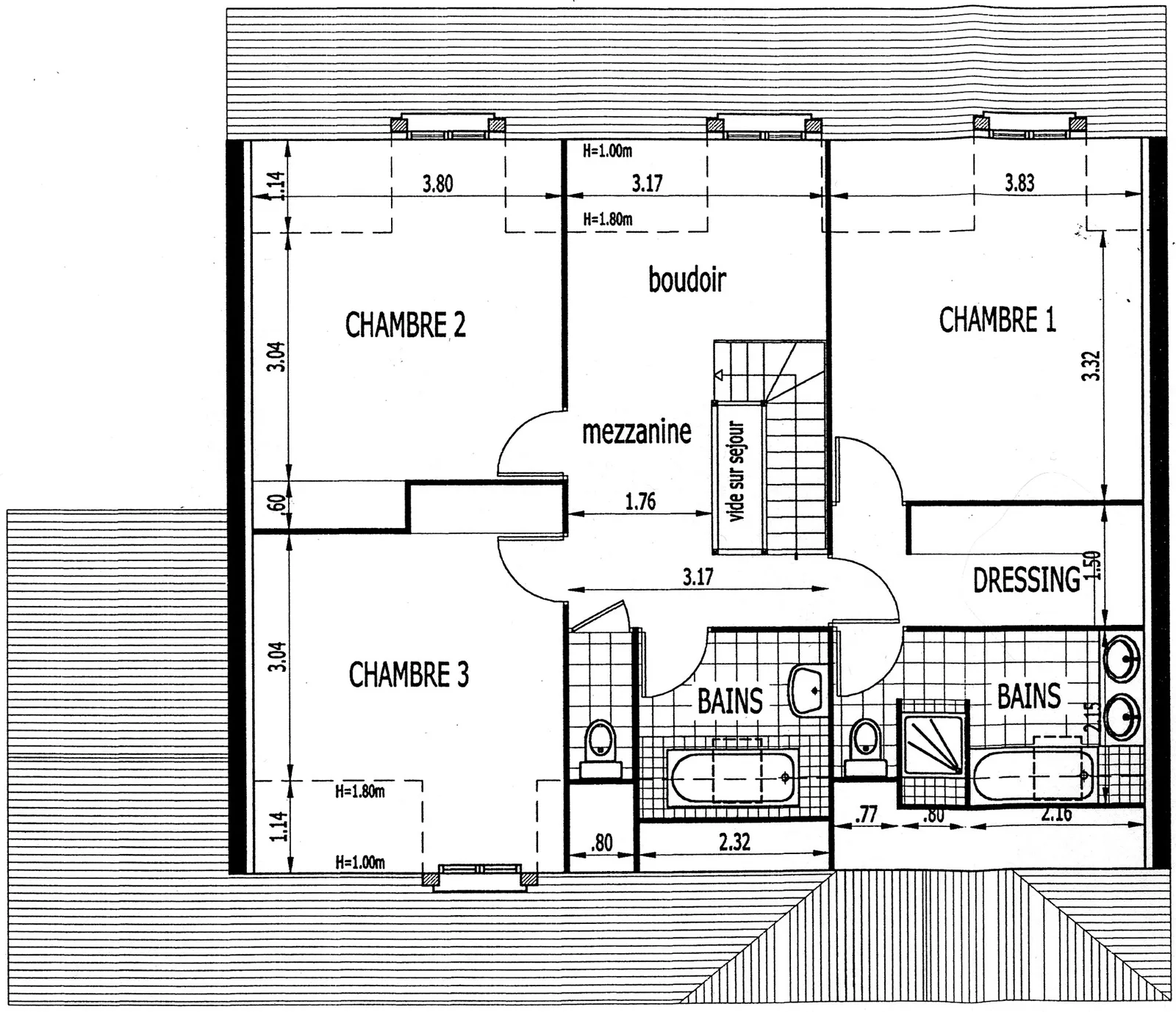La Fougeraie, plan de l'étage : chambres, boudoir, mezzanine, dressing et salles de bains.