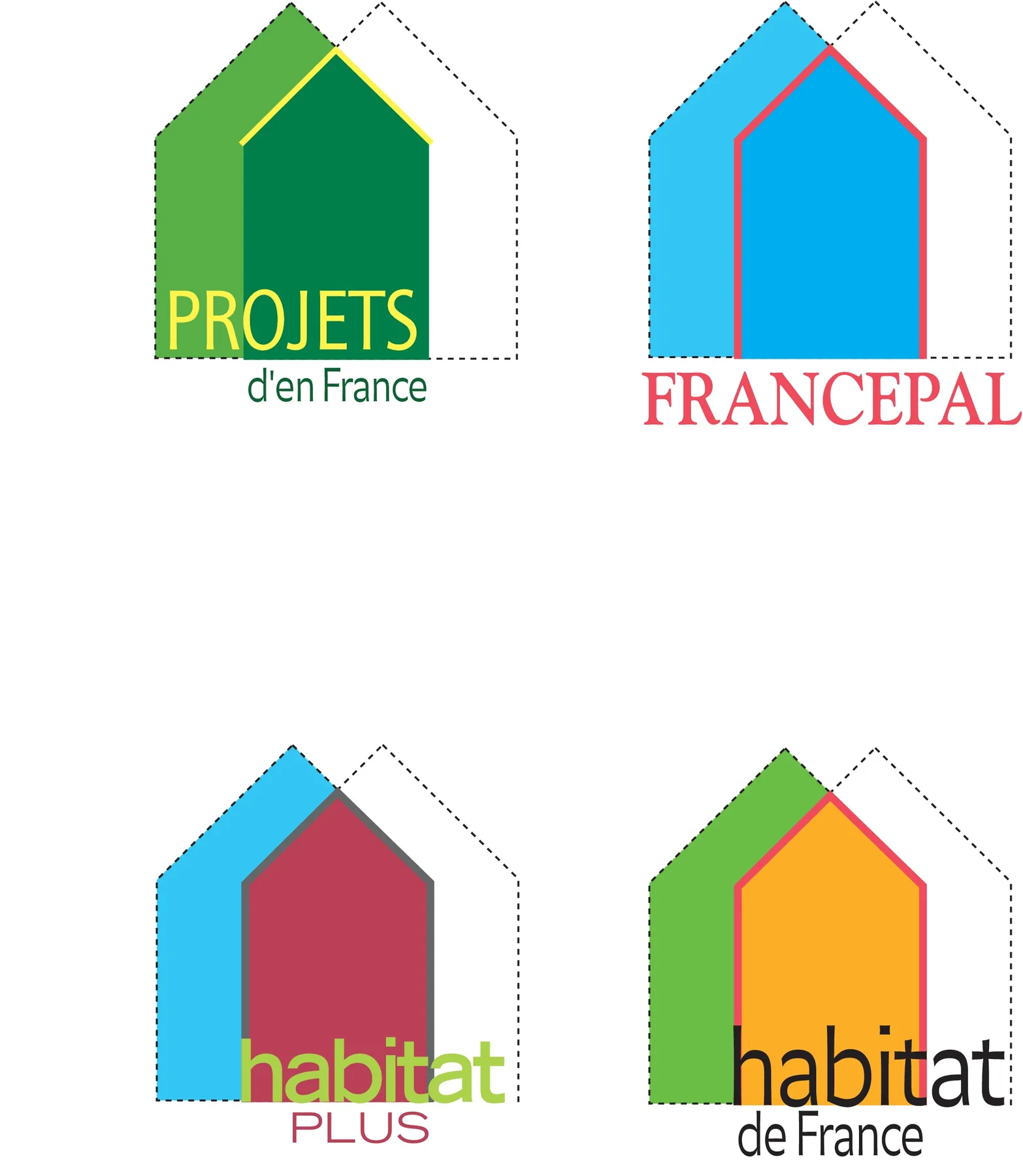 Recherche de noms et de logos en forme de maison : « Projets d'en France », « Francepal », « habitat plus », « habitat de France ».