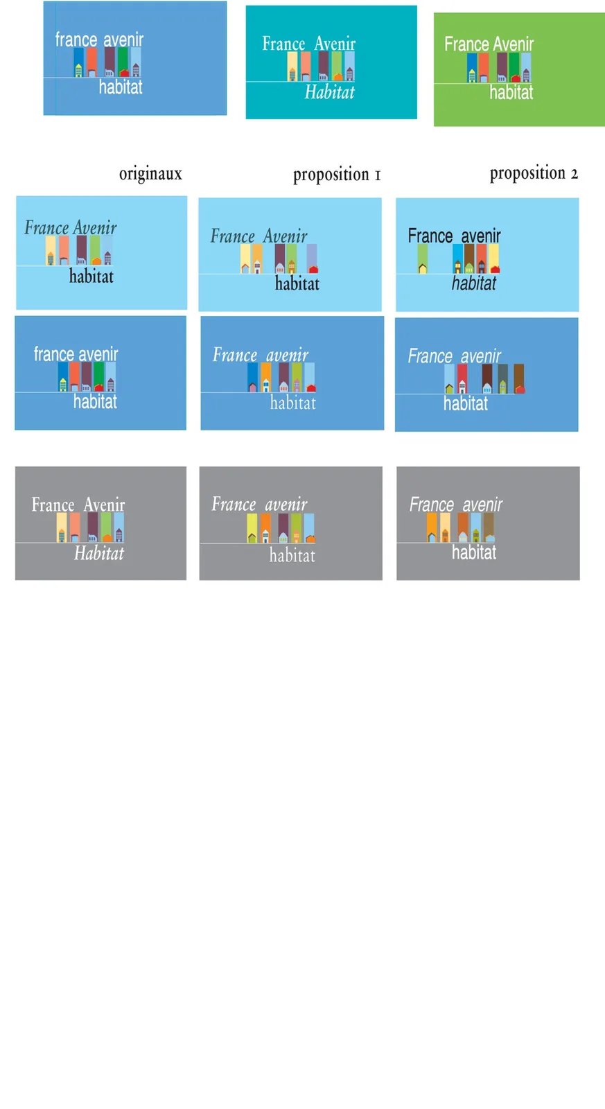 Recherche de logo « France Avenir habitat » : l'original et deux propositions, en couleur et en gris.