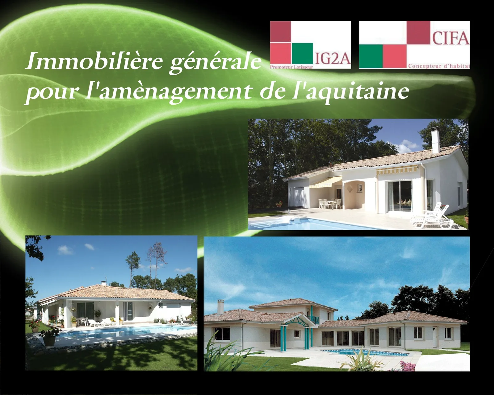 Planche de présentation d'une société membre, l'Immobilière générale pour l'aménagement de l'Aquitaine, avec ses maisons.