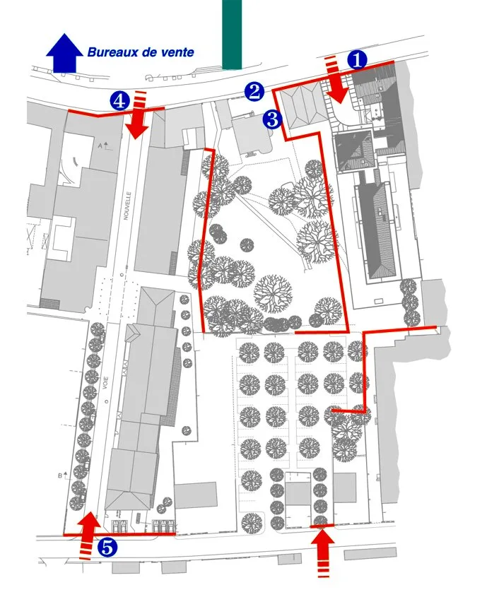 Plan masse de l'opération : le périmètre du chantier, les points numérotés et la direction des bureaux de vente.