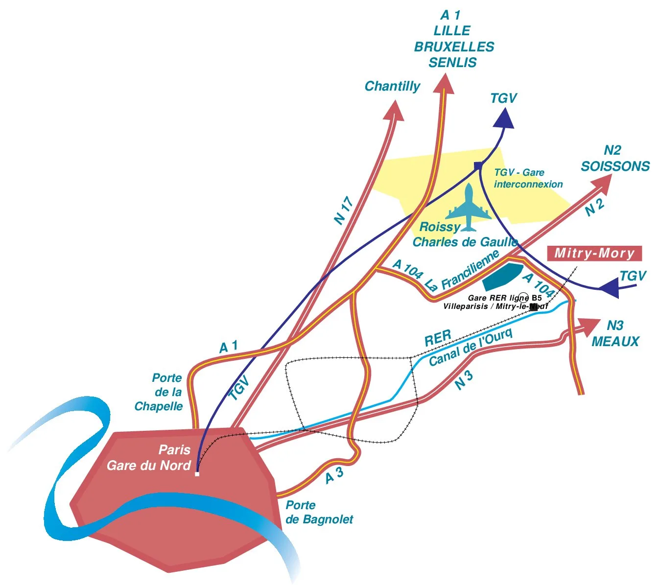 Plan de desserte du parc, fichier d'exécution de 2004 : autoroutes, RER, TGV et Roissy-Charles-de-Gaulle autour de Mitry-Mory.