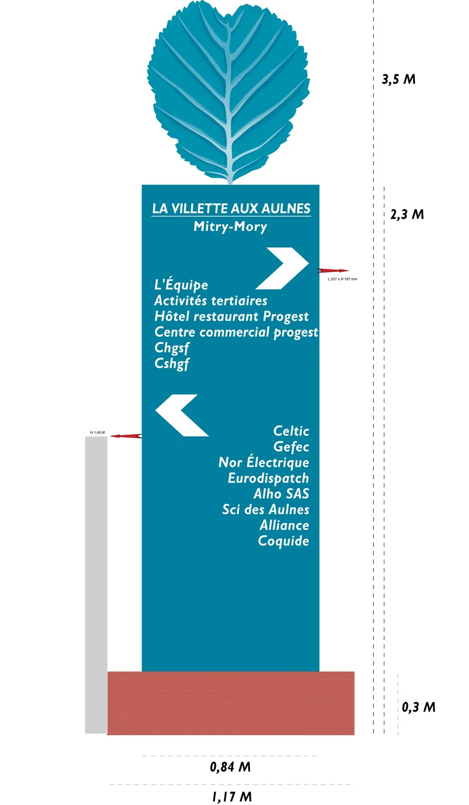 Maquette de mise en page du mât directionnel, janvier 2003 : la feuille, les flèches et la liste des sociétés au-dessus d'un socle de brique.