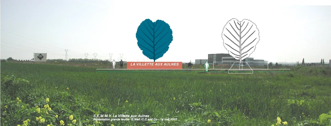 Photomontage d'implantation de la grande feuille dans le paysage du parc, réalisé avec Gilbert Weil en 2003.
